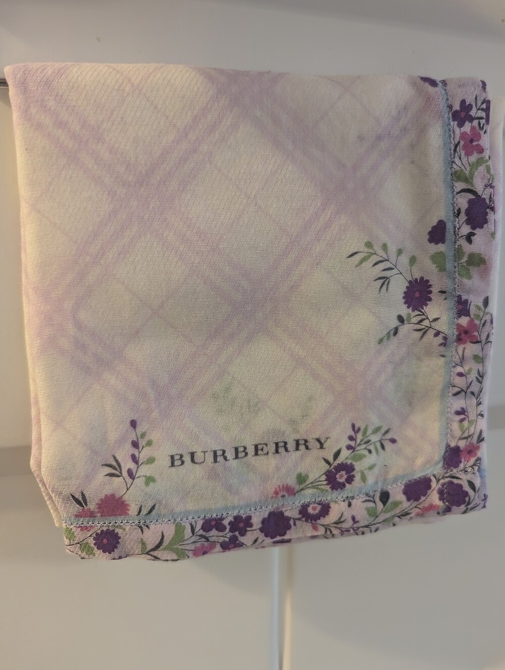 Burberry Lavender Plaid Floral Cotton Handkerchief Approximately 20 X 20